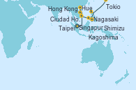 Visitando Singapur, Ciudad Ho Chi Minh (Vietnam), Hue (Vietnam), Hong Kong (China), Hong Kong (China), Taipei (Taiwan), Nagasaki (Japón), Kagoshima (Japón), Shimizu (Japón), Tokio (Japón)