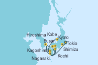 Visitando Tokio (Japón), Shimizu (Japón), Kobe (Japón), Kobe (Japón), Kyoto (Japón), Kochi (Japón), Hiroshima (Japón), Busán (Corea del Sur), Nagasaki (Japón), Kagoshima (Japón), Tokio (Japón)