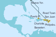 Visitando Nueva York (Estados Unidos), Puerto Plata, Republica Dominicana, San Juan (Puerto Rico), Philipsburg (St. Maarten), Basseterre (Antillas), Charlotte Amalie (St. Thomas), Road Town (Isla Tórtola/Islas Vírgenes), Nueva York (Estados Unidos)