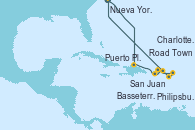 Visitando Nueva York (Estados Unidos), Puerto Plata, Republica Dominicana, San Juan (Puerto Rico), Road Town (Isla Tórtola/Islas Vírgenes), Philipsburg (St. Maarten), Basseterre (Antillas), Charlotte Amalie (St. Thomas), Nueva York (Estados Unidos)