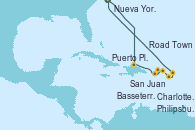 Visitando Nueva York (Estados Unidos), Puerto Plata, Republica Dominicana, San Juan (Puerto Rico), Road Town (Isla Tórtola/Islas Vírgenes), Charlotte Amalie (St. Thomas), Basseterre (Antillas), Philipsburg (St. Maarten), Nueva York (Estados Unidos)