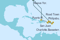 Visitando Nueva York (Estados Unidos), Puerto Plata, Republica Dominicana, San Juan (Puerto Rico), Philipsburg (St. Maarten), Basseterre (Antillas), Road Town (Isla Tórtola/Islas Vírgenes), Charlotte Amalie (St. Thomas), Nueva York (Estados Unidos)