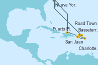 Visitando Nueva York (Estados Unidos), Puerto Plata, Republica Dominicana, San Juan (Puerto Rico), Basseterre (Antillas), Road Town (Isla Tórtola/Islas Vírgenes), Charlotte Amalie (St. Thomas), Nueva York (Estados Unidos)