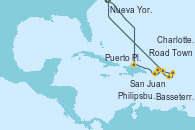 Visitando Nueva York (Estados Unidos), Puerto Plata, Republica Dominicana, San Juan (Puerto Rico), Road Town (Isla Tórtola/Islas Vírgenes), Basseterre (Antillas), Philipsburg (St. Maarten), Charlotte Amalie (St. Thomas), Nueva York (Estados Unidos)