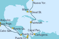 Visitando Los Ángeles (California), Cabo San Lucas (México), Acapulco (México), Puerto Quetzal (Guatemala), Puerto Caldera (Costa Rica), Puerto Cristóbal (Panamá), Canal Panamá, Cartagena de Indias (Colombia), Falmouth (Jamaica), Great Stirrup Cay (Bahamas), Miami (Florida/EEUU), Nueva York (Estados Unidos)