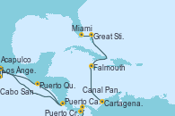 Visitando Los Ángeles (California), Cabo San Lucas (México), Acapulco (México), Puerto Quetzal (Guatemala), Puerto Caldera (Costa Rica), Puerto Cristóbal (Panamá), Canal Panamá, Cartagena de Indias (Colombia), Falmouth (Jamaica), Great Stirrup Cay (Bahamas), Miami (Florida/EEUU)