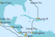 Visitando Nueva York (Estados Unidos), Puerto Plata, Republica Dominicana, Cartagena de Indias (Colombia), Colón (Panamá), Canal Panamá, Puerto Caldera (Costa Rica), Puerto Quetzal (Guatemala), Acapulco (México), Cabo San Lucas (México), San Francisco (California/EEUU), San Francisco (California/EEUU)