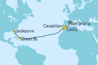 Visitando Barcelona, Cádiz (España), Casablanca (Marruecos), Great Stirrup Cay (Bahamas), Jacksonville (Florida/EEUU)