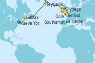Visitando Nueva York (Estados Unidos), Halifax (Canadá), Reykjavik (Islandia), Reykjavik (Islandia), Killybegs (Irlanda), Belfast (Irlanda), Cork (Irlanda), Le Havre (Francia), Southampton (Inglaterra)