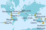 Visitando Marsella (Francia), Barcelona, Santa Cruz de Tenerife (España), Cockburn Town (Islas turcas y Caicos), Ocean Cay MSC Marine Reserve (Bahamas), Cozumel (México), Puerto Limón (Costa Rica), Canal Panamá, Canal Panamá, Manta (Ecuador), Lima (Callao/Perú), Lima (Callao/Perú), Arica (Chile), Isla Pascua (Chile), Islas Pitcairn (Pacífico), Papeete (Tahití), Papeete (Tahití), Nukualofa (Tongatapu), Nouméa (Nueva Caledonia), Auckland (Nueva Zelanda), Tauranga (Nueva Zelanda), Napier (Nueva Zelanda), PICTON -  NEW ZEALAND, Wellington (Nueva Zelanda), Sydney (Australia), Sydney (Australia), Cairns (Australia), Cairns (Australia), Lombok (Indonesia), Bali (Indonesia), Ciudad Ho Chi Minh (Vietnam), Hanoi (Vietnam), Hanoi (Vietnam), Chan May (Vietnam), Laem Chabang (Bangkok/Thailandia), Sihanoukville (Camboya), Singapur, Port Klang (Malasia), Colombo (Sri Lanka), Cochin (India), Bombay (India), Bombay (India), Dubai, Dubai, Muscat (Omán), Aqaba (Jordania), Canal Suez, Canal Suez, Alejandría (Egipto), Civitavecchia (Roma), Génova (Italia), Marsella (Francia)