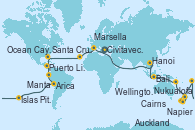 Visitando Civitavecchia (Roma), Génova (Italia), Marsella (Francia), Barcelona, Santa Cruz de Tenerife (España), Cockburn Town (Islas turcas y Caicos), Ocean Cay MSC Marine Reserve (Bahamas), Cozumel (México), Puerto Limón (Costa Rica), Canal Panamá, Canal Panamá, Manta (Ecuador), Lima (Callao/Perú), Lima (Callao/Perú), Arica (Chile), Isla Pascua (Chile), Islas Pitcairn (Pacífico), Papeete (Tahití), Papeete (Tahití), Nukualofa (Tongatapu), Nouméa (Nueva Caledonia), Auckland (Nueva Zelanda), Tauranga (Nueva Zelanda), Napier (Nueva Zelanda), PICTON -  NEW ZEALAND, Wellington (Nueva Zelanda), Sydney (Australia), Sydney (Australia), Cairns (Australia), Cairns (Australia), Lombok (Indonesia), Bali (Indonesia), Ciudad Ho Chi Minh (Vietnam), Hanoi (Vietnam), Hanoi (Vietnam), Chan May (Vietnam), Laem Chabang (Bangkok/Thailandia), Sihanoukville (Camboya), Singapur, Port Klang (Malasia), Colombo (Sri Lanka), Cochin (India), Bombay (India), Bombay (India), Dubai, Dubai, Muscat (Omán), Aqaba (Jordania), Canal Suez, Canal Suez, Alejandría (Egipto), Civitavecchia (Roma)