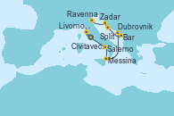 Visitando Civitavecchia (Roma), Livorno, Pisa y Florencia (Italia), Livorno, Pisa y Florencia (Italia), Salerno (Italia), Messina (Sicilia), Dubrovnik (Croacia), Bar ( Montenegro), Split (Croacia), Zadar (Croacia), Ravenna (Italia)