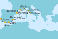 Visitando Civitavecchia (Roma), Livorno, Pisa y Florencia (Italia), Villefranche (Niza/Mónaco/Francia), Marsella (Francia), Barcelona, Ibiza (España), Alicante (España), Motril (Granada/Andalucía), Cádiz (España), Lisboa (Portugal)