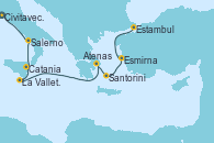 Visitando Civitavecchia (Roma), Salerno (Italia), Catania (Sicilia), La Valletta (Malta), Atenas (Grecia), Santorini (Grecia), Esmirna (Turquía), Estambul (Turquía), Estambul (Turquía)