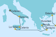 Visitando Civitavecchia (Roma), Salerno (Italia), Catania (Sicilia), La Valletta (Malta), Santorini (Grecia), Atenas (Grecia), Kusadasi (Efeso/Turquía), Estambul (Turquía), Estambul (Turquía)