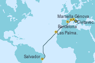 Visitando Civitavecchia (Roma), Génova (Italia), Marsella (Francia), Barcelona, Las Palmas de Gran Canaria (España), Salvador de Bahía (Brasil)