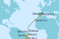 Visitando Barcelona, Málaga, Santa Cruz de Tenerife (España), Maceió (Brasil), Salvador de Bahía (Brasil), Río de Janeiro (Brasil), Ilhabela (Brasil), Santos (Brasil)