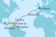 Visitando Le Havre (Francia), Ponta Delgada (Azores), St. John´s (Antigua y Barbuda), Kingstown (Granadinas), Bridgetown (Barbados), Fuerte de France (Martinica), Pointe a Pitre (Guadalupe)