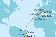 Visitando Génova (Italia), Marsella (Francia), Tarragona (España), Valencia, Las Palmas de Gran Canaria (España), Recife (Brasil), Buzios (Brasil), Río de Janeiro (Brasil), Santos (Brasil)