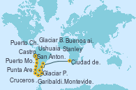 Visitando San Antonio (Chile), Puerto Montt (Chile), Castro (Chile), Puerto Chacabuco (Chile), Cruceros panorámicos en el fiordo Eyre, Cruceros panorámicos por el Canal Ancho, Glaciar Pio XI (Chile), Cruceros panorámicos en el fiordo de Peel, Glaciar Brujo, Chile, Punta Arenas (Chile), Garibaldi Glacier, Chile, Ushuaia (Argentina), Stanley (Malvinas), Stanley (Malvinas), Stanley (Malvinas), Montevideo (Uruguay), Buenos aires, Buenos aires, Isla Inaccesible (Reino Unido), Tristan da Cunha (Oceano Atlantico), Islas Nightingale (Santa Helena), Bahía de Richards (Sudáfrica), Maputo (Mozambique), Durban (Sudáfrica), Port Elizabeth (San Vicente y Granadinas), Mossel Bay (Sudáfrica), Ciudad del Cabo (Sudáfrica), Ciudad del Cabo (Sudáfrica)