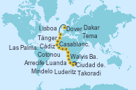 Visitando Ciudad del Cabo (Sudáfrica), Luderitz (Namibia), Walvis Bay (Namibia), Walvis Bay (Namibia), Luanda (Angola), Cotonou (Benin), Tema (Ghana), Takoradi (Ghana), Dakar (Senegal), Mindelo (Cabo Verde), Las Palmas de Gran Canaria (España), Arrecife (Lanzarote/España), Casablanca (Marruecos), Tánger (Marruecos), Cádiz (España), Lisboa (Portugal), Puerto Leixões (Portugal), La Coruña (Galicia/España), Saint Malo (Francia), Cherbourg (Francia), Rouen (Francia), Rouen (Francia), Dover (Inglaterra)