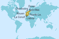 Visitando Lisboa (Portugal), Puerto Leixões (Portugal), La Coruña (Galicia/España), Saint Malo (Francia), Cherbourg (Francia), Rouen (Francia), Rouen (Francia), Dover (Inglaterra)