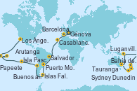 Visitando Génova (Italia), Marsella (Francia), Barcelona, Gibraltar (Inglaterra), Casablanca (Marruecos), Mindelo (Cabo Verde), Salvador de Bahía (Brasil), Río de Janeiro (Brasil), Río de Janeiro (Brasil), Buenos aires, Buenos aires, Puerto Madryn (Argentina), Islas Falkland (Puerto Stanley/Reino Unido), Ushuaia (Argentina), Ushuaia (Argentina), Puerto Montt (Chile), Valparaíso (Chile), Valparaíso (Chile), Isla Pascua (Chile), Islas Pitcairn (Pacífico), Papeete (Tahití), Papeete (Tahití), Moorea (Tahití), Arutanga (Aitutaki, Islas Cook), Rarotonga (Islas Cook), Bahía de las Islas (Nueva Zelanda), Auckland (Nueva Zelanda), Tauranga (Nueva Zelanda), Christchurch (Nueva Zelanda), Dunedin (Nueva Zelanda), Hobart (Australia), Hobart (Australia), Sydney (Australia), Sydney (Australia), Nouméa (Nueva Caledonia), Luganville (Vanuatu), Apia (Samoa), Pago Pago (Samoa), Honolulu (Hawái), Hilo (Hawai), Los Ángeles (California)