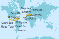 Visitando Los Ángeles (California), Cabo San Lucas (México), Puntarenas (Costa Rica), Canal Panamá, Canal Panamá, Ocho Ríos (Jamaica), Road Town (Isla Tórtola/Islas Vírgenes), Philipsburg (St. Maarten), Las Palmas de Gran Canaria (España), Palma de Mallorca (España), Nápoles (Italia), Civitavecchia (Roma), Génova (Italia)