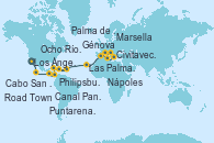 Visitando Los Ángeles (California), Cabo San Lucas (México), Puntarenas (Costa Rica), Canal Panamá, Canal Panamá, Ocho Ríos (Jamaica), Road Town (Isla Tórtola/Islas Vírgenes), Philipsburg (St. Maarten), Las Palmas de Gran Canaria (España), Palma de Mallorca (España), Nápoles (Italia), Civitavecchia (Roma), Génova (Italia), Marsella (Francia)