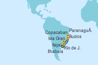 Visitando Río de Janeiro (Brasil), Buzios (Brasil), Isla Grande (Brasil), Copacabana (Brasil), Copacabana (Brasil), Paranaguá (Brasil), Itajaí (Brasil), Ilhabela (Brasil), Río de Janeiro (Brasil)
