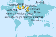 Visitando Dover (Inglaterra), Rotterdam (Holanda), Kristiansand (Noruega), Eidfjord (Hardangerfjord/Noruega), SANDNES (STAVANGER), Seydisfjordur (Islandia), Djupivogur (Islandia), Akureyri (Islandia), Ísafjörður (Islandia), Grundafjord (Islandia), Paamiut (Groenlandia), Nuuk (Groenlandia), Qaqortoq, Greeland, Nanortalik (Groenlandia), Heimaey (Islas Westmann/Islandia), Reykjavik (Islandia), Runavík (Islas Feroe/Dinamarca), Stornoway (Isla de Lewis/Escocia), Invergordon (Escocia), Edimburgo (Escocia), Edimburgo (Escocia), Dover (Inglaterra)
