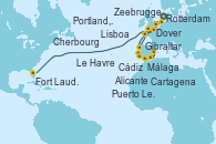 Visitando Rotterdam (Holanda), Lisboa (Portugal), Lisboa (Portugal), Cádiz (España), Málaga, Alicante (España), Cartagena (Murcia), Gibraltar (Inglaterra), Puerto Leixões (Portugal), Rotterdam (Holanda), Zeebrugge (Bruselas), Dover (Inglaterra), Cherbourg (Francia), Le Havre (Francia), Portland, Dorset (Reino Unido), Fort Lauderdale (Florida/EEUU)