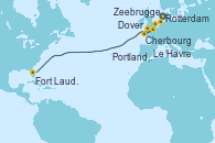 Visitando Rotterdam (Holanda), Zeebrugge (Bruselas), Dover (Inglaterra), Cherbourg (Francia), Le Havre (Francia), Portland, Dorset (Reino Unido), Fort Lauderdale (Florida/EEUU)