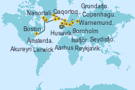 Visitando Ámsterdam (Holanda), Aarhus (Dinamarca), Warnemunde (Alemania), Bornholm (Dinamarca), Copenhague (Dinamarca), Ámsterdam (Holanda), Lerwick (Escocia), Seydisfjordur (Islandia), Akureyri (Islandia), Husavik (Islandia), Ísafjörður (Islandia), Grundafjord (Islandia), Reykjavik (Islandia), Nanortalik (Groenlandia), Qaqortoq, Greeland, St. Anthony (Canadá), St. John´s (Antigua y Barbuda), Halifax (Canadá), Portland (Maine/Estados Unidos), Boston (Massachusetts)