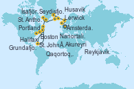 Visitando Ámsterdam (Holanda), Lerwick (Escocia), Seydisfjordur (Islandia), Akureyri (Islandia), Husavik (Islandia), Ísafjörður (Islandia), Grundafjord (Islandia), Reykjavik (Islandia), Nanortalik (Groenlandia), Qaqortoq, Greeland, St. Anthony (Canadá), St. John´s (Antigua y Barbuda), Halifax (Canadá), Portland (Maine/Estados Unidos), Boston (Massachusetts)
