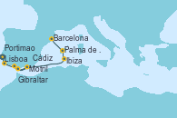 Visitando Lisboa (Portugal), Lisboa (Portugal), Portimao (Portugal), Cádiz (España), Motril (Granada/Andalucía), Gibraltar (Inglaterra), Ibiza (España), Palma de Mallorca (España), Barcelona Visitando Lisboa (Portugal), Lisboa (Portugal), Portimao (Portugal), Cádiz (España), Motril (Granada/Andalucía), Gibraltar (Inglaterra), Ibiza (España), Palma de Mallorca (España), Barcelona