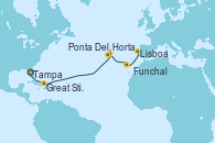 Visitando Tampa (Florida), Great Stirrup Cay (Bahamas), Horta (Islas Azores), Ponta Delgada (Azores), Funchal (Madeira), Lisboa (Portugal) Visitando Tampa (Florida), Great Stirrup Cay (Bahamas), Horta (Islas Azores), Ponta Delgada (Azores), Funchal (Madeira), Lisboa (Portugal)