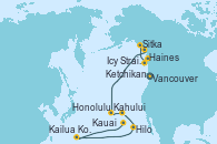 Visitando Vancouver (Canadá), Ketchikan (Alaska), Icy Strait Point (Alaska), Sitka (Alaska), Haines (Alaska), Kahului (Hawai/EEUU), Kauai (Hawai), Kauai (Hawai), Hilo (Hawai), Kailua Kona (Hawai/EEUU), Honolulu (Hawái)