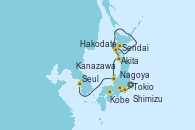 Visitando Tokio (Japón), Shimizu (Japón), Nagoya (Japón), Kobe (Japón), Sendai (Japón), Hakodate (Japón), Akita (Japón), Kanazawa (Japón), Seul (Corea del Sur)