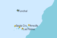 Visitando Funchal (Madeira), Arrecife (Lanzarote/España), Las Palmas de Gran Canaria (España), Santa Cruz de la Palma (España), Santa Cruz de Tenerife (España), Funchal (Madeira), Funchal (Madeira)