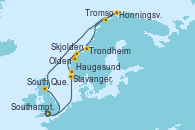 Visitando Southampton (Inglaterra), Stavanger (Noruega), Haugesund (Noruega), Skjolden (Noruega), Olden (Noruega), Trondheim (Noruega), Honningsvag (Noruega), Tromso (Noruega), South Queensferry (Escocia), Southampton (Inglaterra)