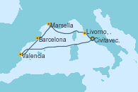Visitando Civitavecchia (Roma), Valencia, Barcelona, Marsella (Francia), Livorno, Pisa y Florencia (Italia), Civitavecchia (Roma)