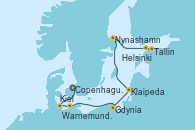 Visitando Copenhague (Dinamarca), Kiel (Alemania), Warnemunde (Alemania), Gdynia (Polonia), Klaipeda (Lituania), Nynashamn (Suecia), Tallin (Estonia), Helsinki (Finlandia)