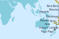 Visitando Lautoka (Fiyi), Dravuni (Fiji), Suva (Fiyi), Pago Pago (Samoa), Apia (Samoa), Rarotonga (Islas Cook), Raiatea (Polinesia Francesa), Bora Bora (Polinesia), Moorea (Tahití), Papeete (Tahití)