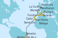 Visitando Southampton (Inglaterra), La Coruña (Galicia/España), Cádiz (España), Málaga, Alicante (España), Palma de Mallorca (España), Marsella (Francia), Barcelona, Funchal (Madeira), Santa Cruz de Tenerife (España), Las Palmas de Gran Canaria (España), Salvador de Bahía (Brasil), Río de Janeiro (Brasil), Santos (Brasil)