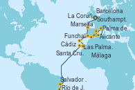 Visitando Southampton (Inglaterra), La Coruña (Galicia/España), Cádiz (España), Málaga, Alicante (España), Palma de Mallorca (España), Marsella (Francia), Barcelona, Funchal (Madeira), Santa Cruz de Tenerife (España), Las Palmas de Gran Canaria (España), Salvador de Bahía (Brasil), Río de Janeiro (Brasil)