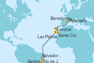 Visitando Marsella (Francia), Barcelona, Funchal (Madeira), Santa Cruz de Tenerife (España), Las Palmas de Gran Canaria (España), Salvador de Bahía (Brasil), Río de Janeiro (Brasil), Santos (Brasil)