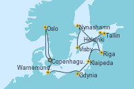 Visitando Copenhague (Dinamarca), Oslo (Noruega), Warnemunde (Alemania), Gdynia (Polonia), Klaipeda (Lituania), Riga (Letonia), Nynashamn (Suecia), Visby (Suecia), Tallin (Estonia), Helsinki (Finlandia)