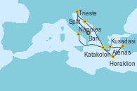 Visitando Bari (Italia), Trieste (Italia), Split (Croacia), Atenas (Grecia), Kusadasi (Efeso/Turquía), Heraklion (Creta), Katakolon (Olimpia/Grecia), Nápoles (Italia)