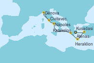 Visitando Atenas (Grecia), Kusadasi (Efeso/Turquía), Heraklion (Creta), Katakolon (Olimpia/Grecia), Nápoles (Italia), Génova (Italia), Civitavecchia (Roma)